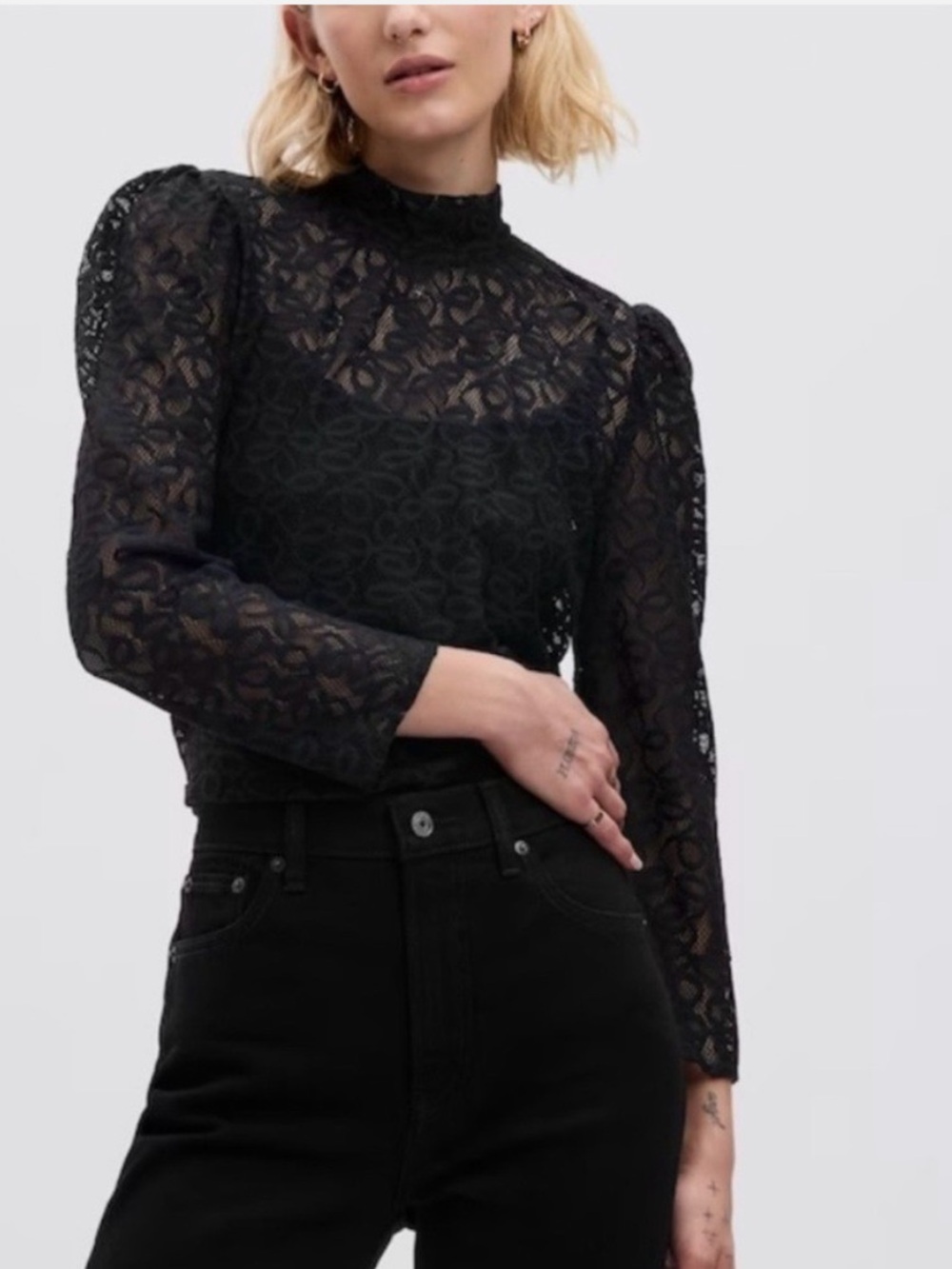 NWOT GAP Black Lace Long Sleeve Sheer Mock Neck Blouse Top Women’s Medium